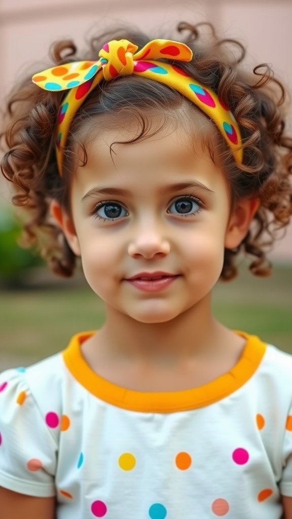 A young girl with curly hair wearing a colorful polka dot headband.
