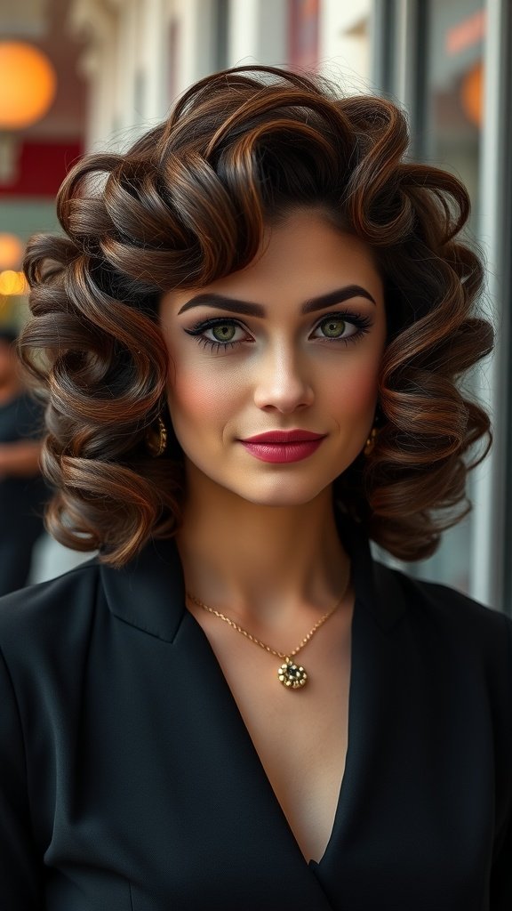 A woman with vintage curly hairstyle, showcasing soft, defined curls and elegant makeup.