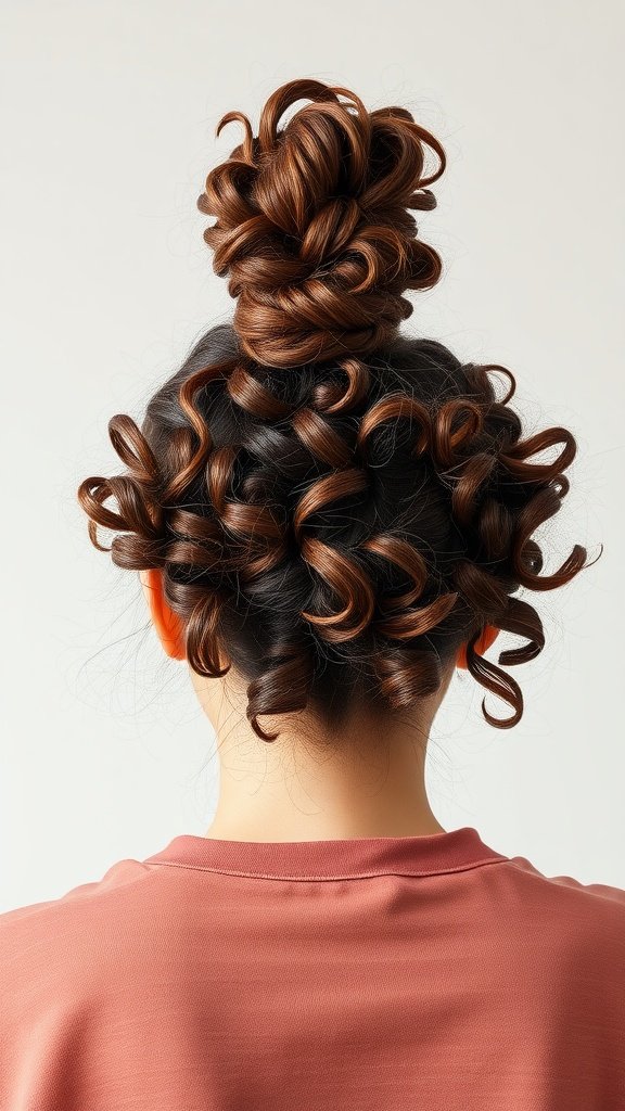 A person with curly hair styled in a top knot, showcasing tight curls and a stylish look.