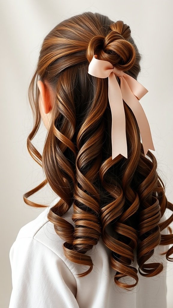 A girl with a half-up curly ponytail, featuring soft curls and a pink ribbon.