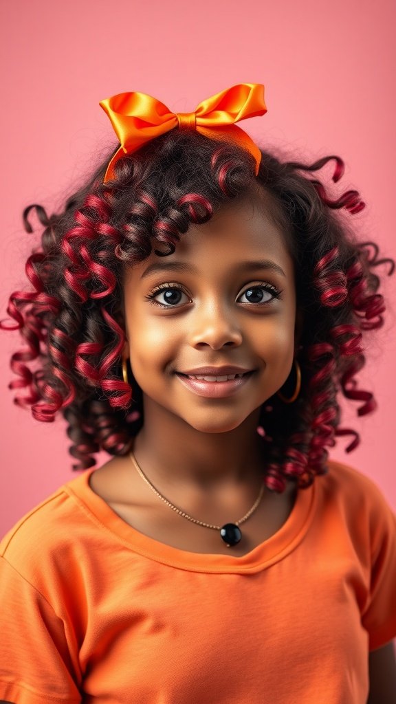 A girl with curly hair and an orange bow, smiling against a pink background.
