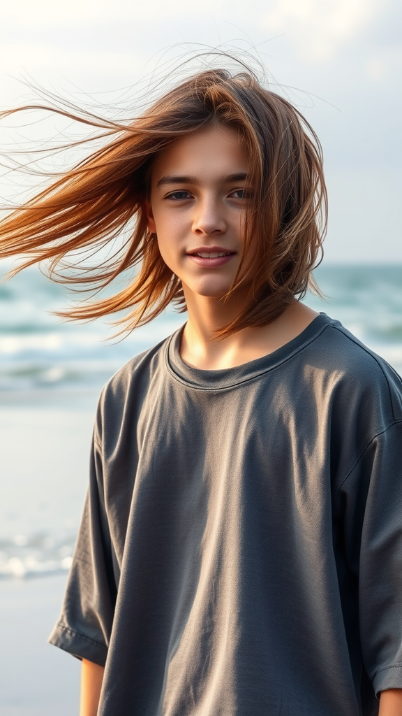 Teen boy with long layered hair standing on the beach with a relaxed vibe