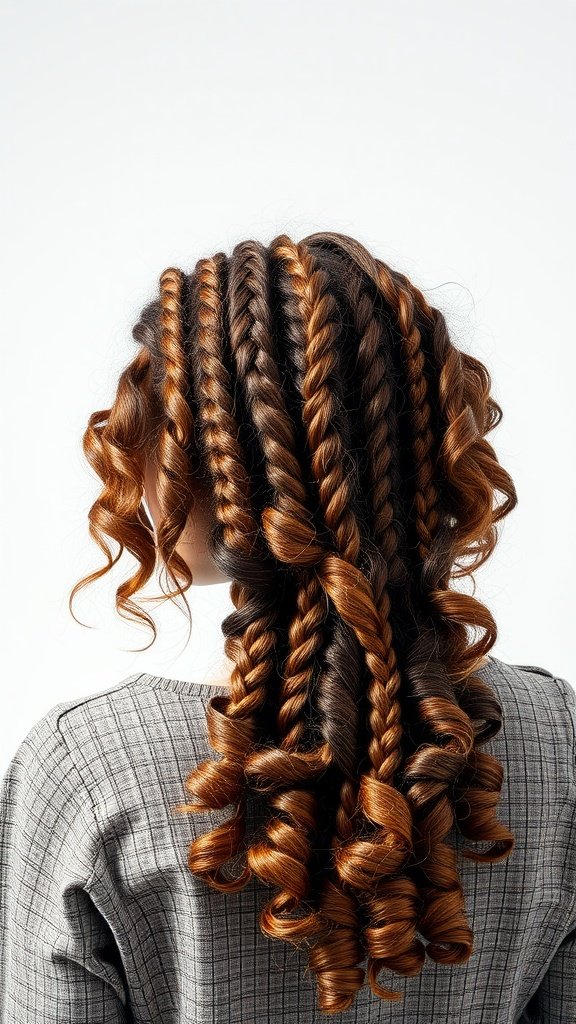 A woman with curly hair styled in braids, showcasing a blend of curls and twists.