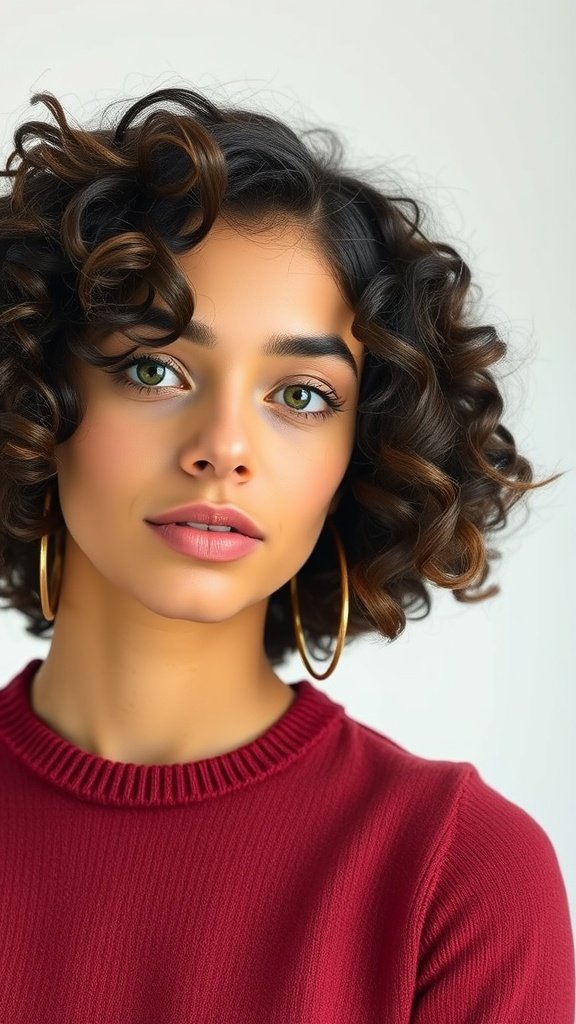 A young woman with shoulder-length curly hair, wearing a red sweater and large hoop earrings, smiling softly.