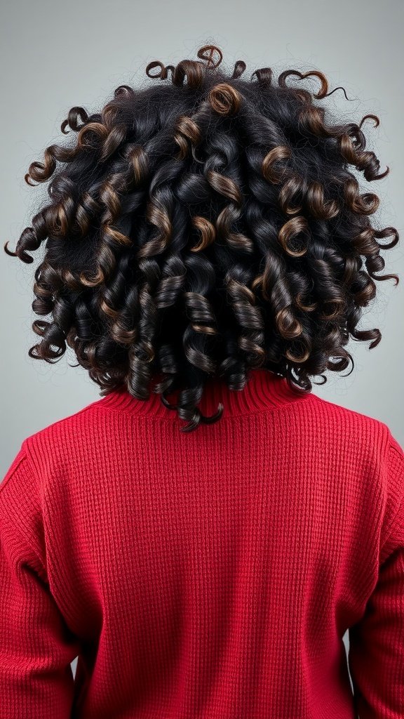 Back view of a person with curly hair styled in voluminous curls, wearing a red sweater.
