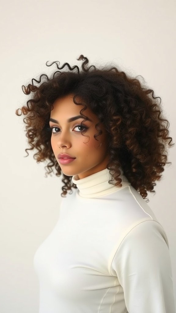 A young woman with thick curly hair styled in a deep side part, wearing a white turtleneck.