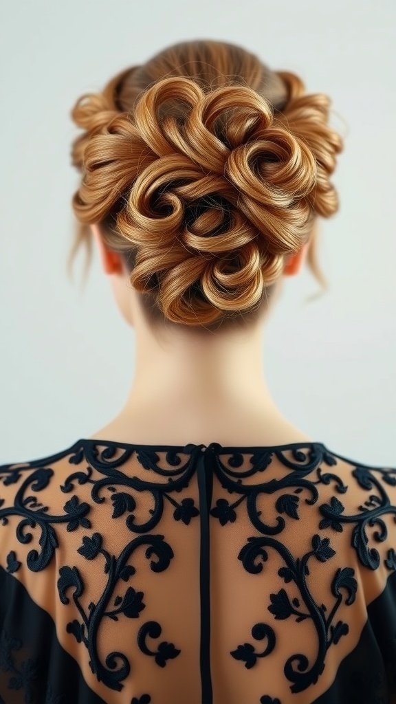 A romantic curly chignon hairstyle featuring spiraled curls, elegantly styled.