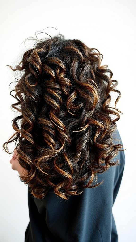 A back view of a person with curly hair featuring feathered layers and highlights.