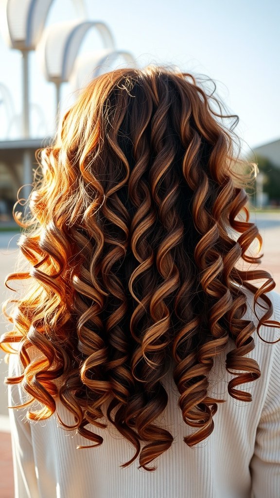 A woman with vibrant curly hair styled in tight ringlets, featuring highlights that add depth and dimension.