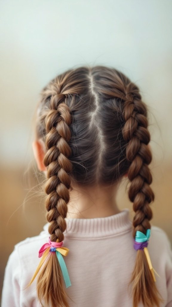 Girl with double Dutch braids decorated with colorful ribbons