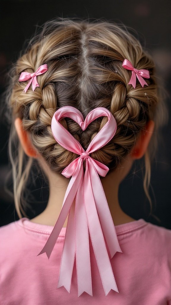 A heart-shaped braid hairstyle for kids with pink ribbons.