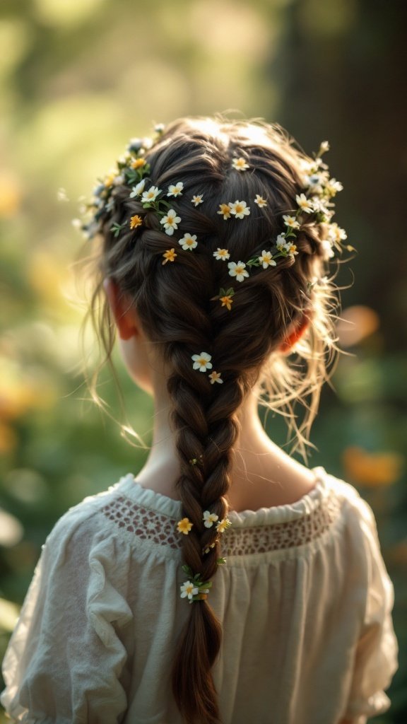 A girl with a beautifully styled waterfall braid decorated with small flowers.