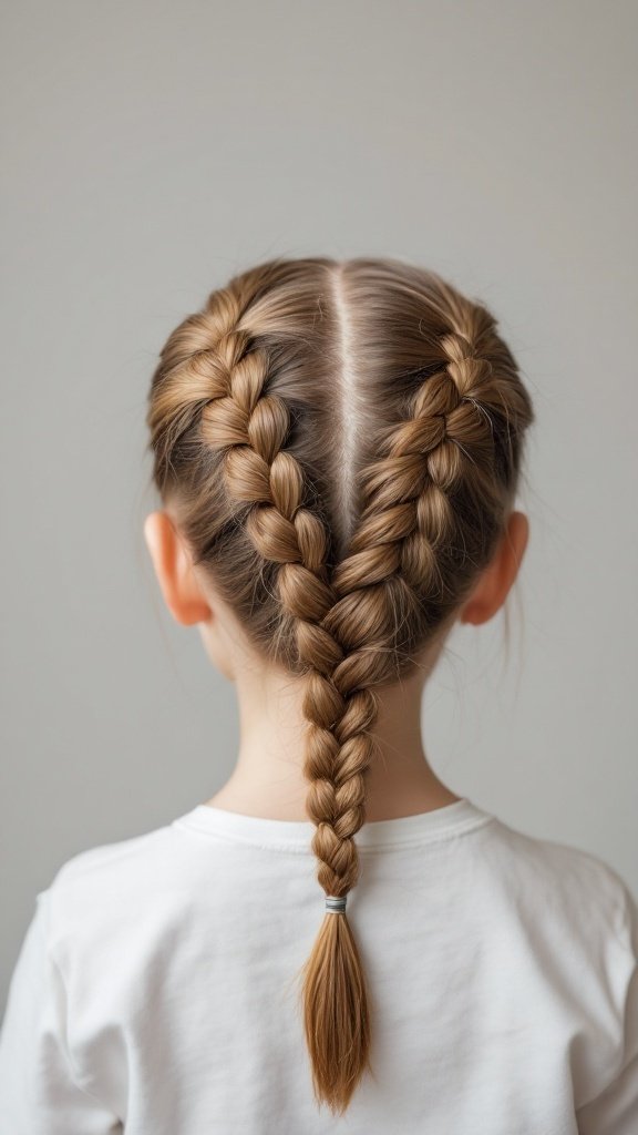 A child with two reverse braids styled on the back of their head.