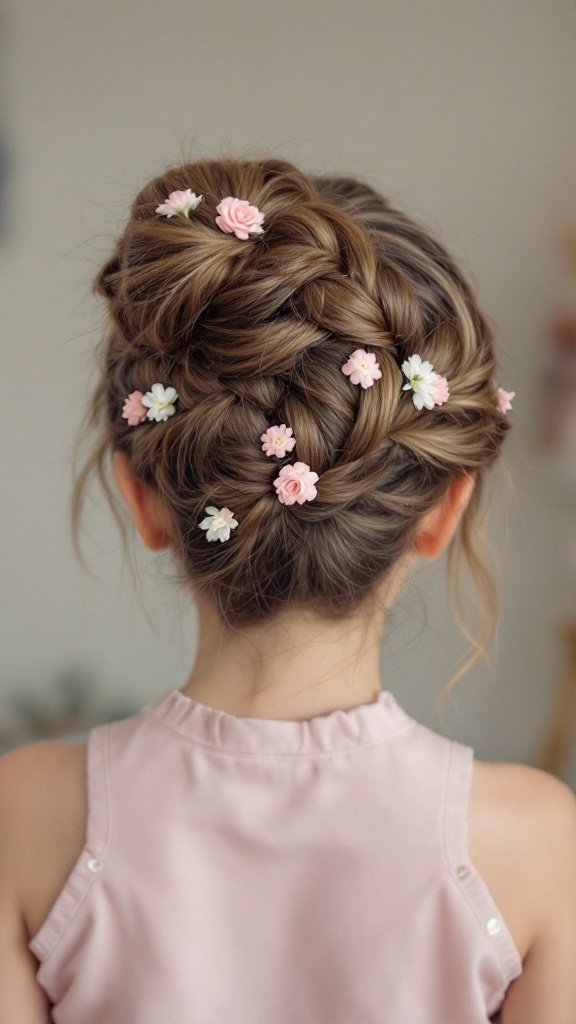 A braided bun hairstyle adorned with small flowers.