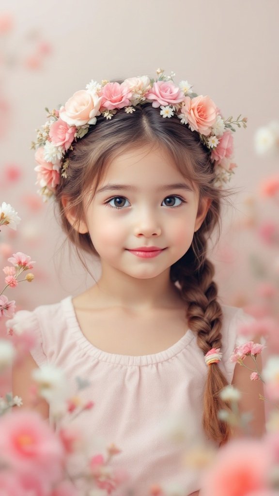 A young girl with a braided hairstyle adorned with a flower crown, surrounded by soft pink flowers.