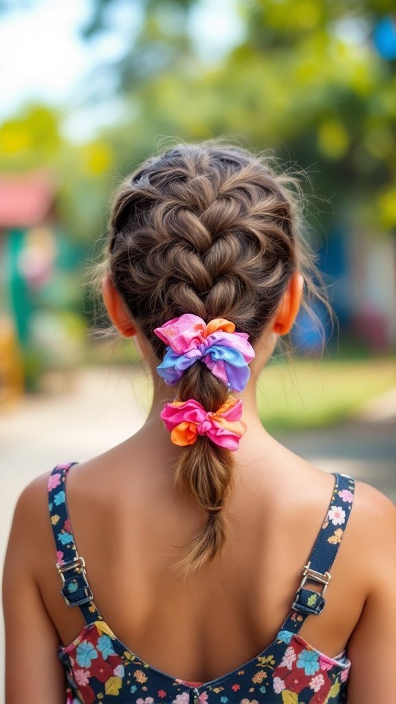 A girl with a braided ponytail secured with colorful scrunchies.