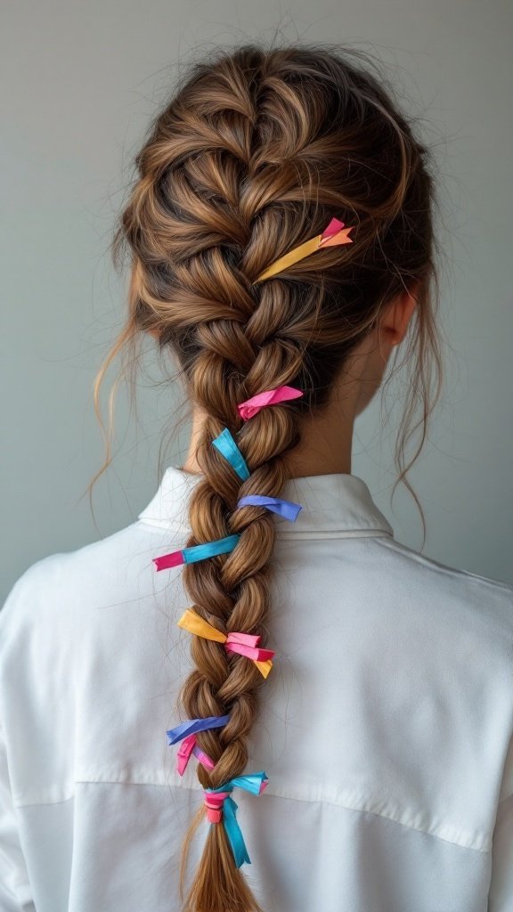 A fishtail braid with colorful ribbons tied throughout.