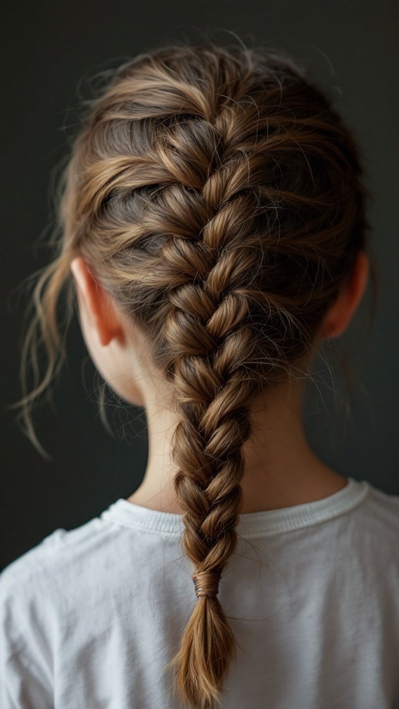 A child with a neatly styled pull-through braid.
