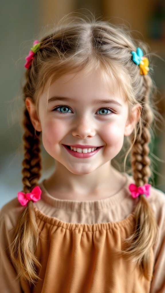 A smiling girl with braided pigtails adorned with colorful hair ties.