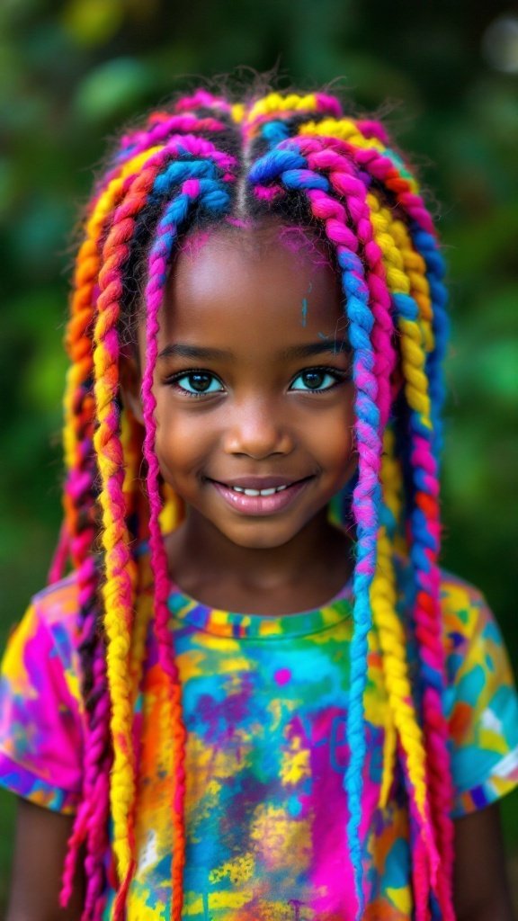 A smiling girl with colorful braided hairstyles featuring pink, blue, and yellow hair chalk.