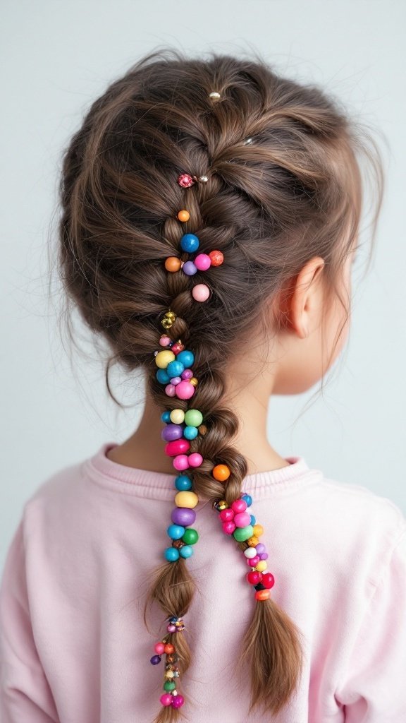 A child with a side braid adorned with colorful beads.