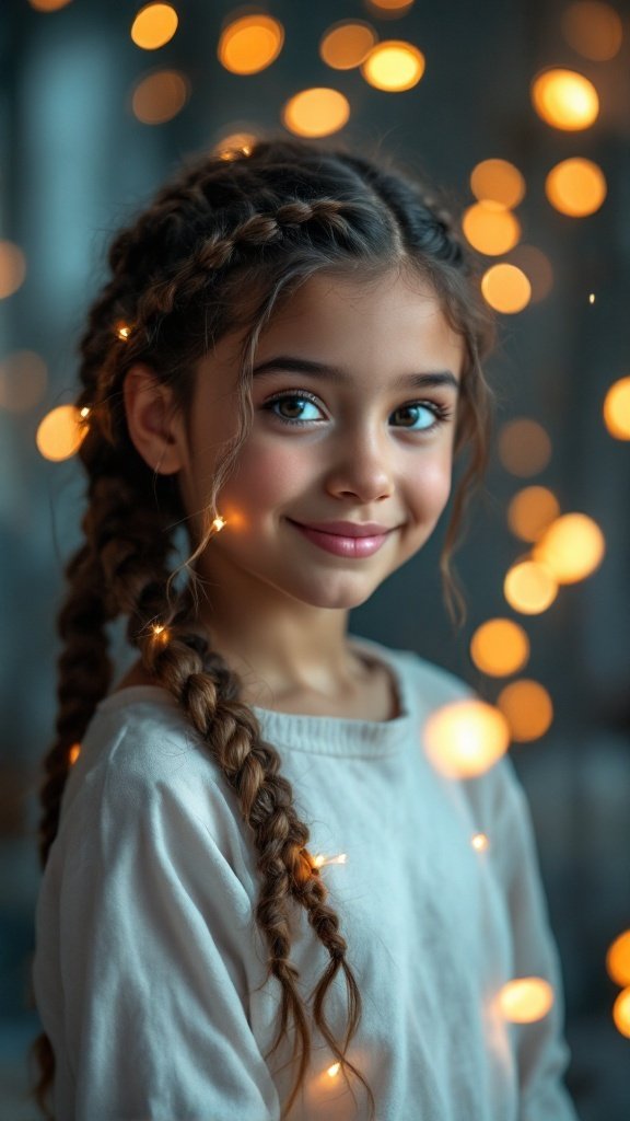 A young girl with beautiful spiral braids, smiling warmly against a backdrop of glowing lights.