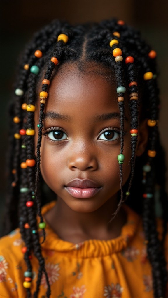 A young girl with box braids adorned with colorful beads, wearing a floral yellow top.