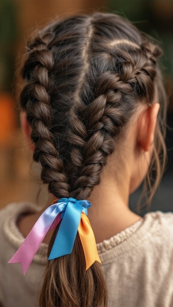 A young girl with two twisted braids tied with colorful ribbons.