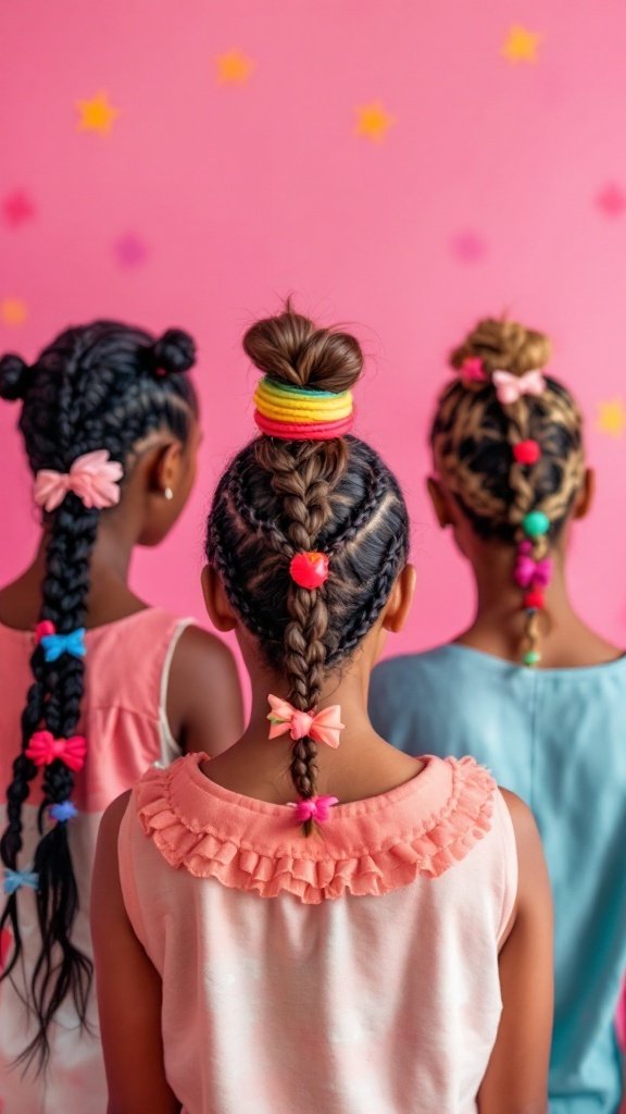 Three girls with different braided hairstyles and colorful hair accessories.