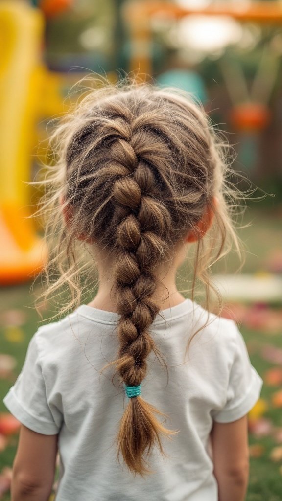 A young girl with a neat braid and loose strands of hair, enjoying playtime in a colorful outdoor setting.