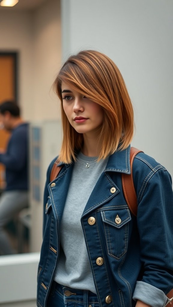 A young woman with long bob hairstyles and side part, wearing a denim jacket.