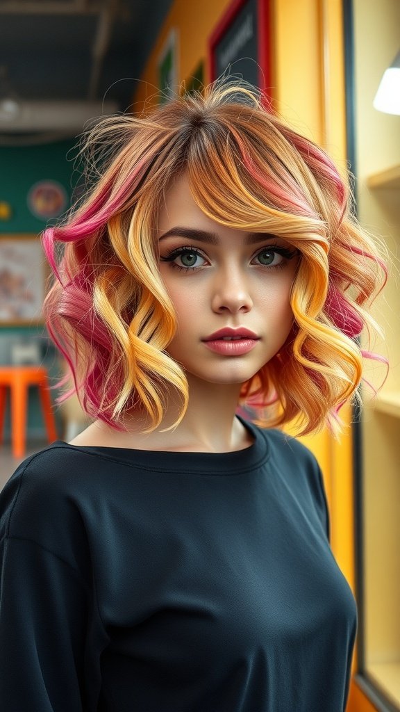 A young woman with a playful two-toned curly bob hairstyle featuring vibrant orange and pink colors.
