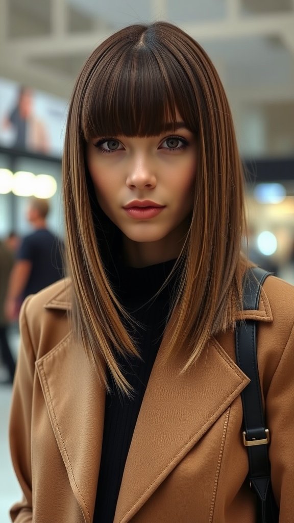 A woman with a straight long bob hairstyle and bangs, wearing a stylish coat.