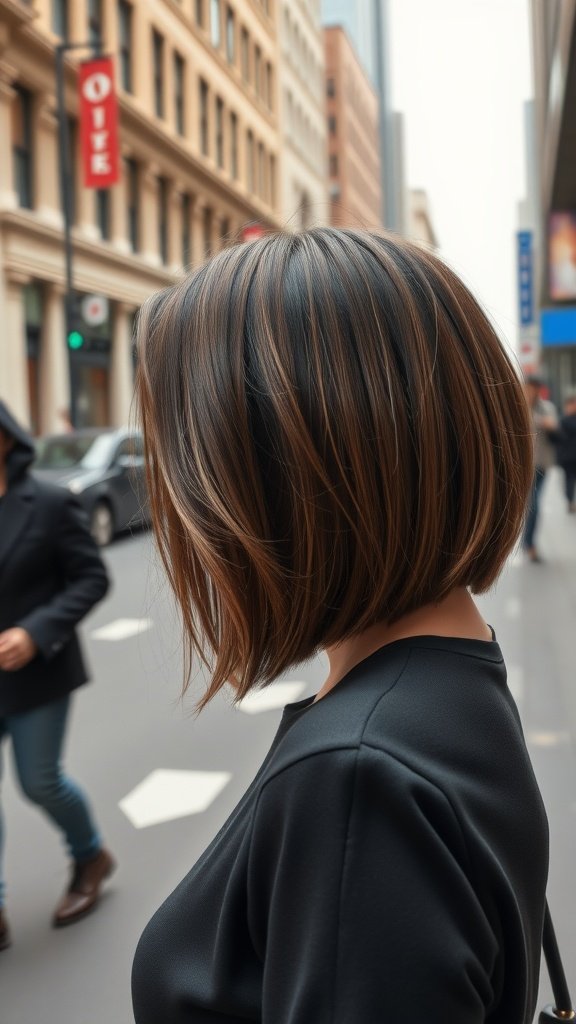 A woman with an asymmetrical long bob hairstyle, showcasing stylish hair colors while standing on a city street.