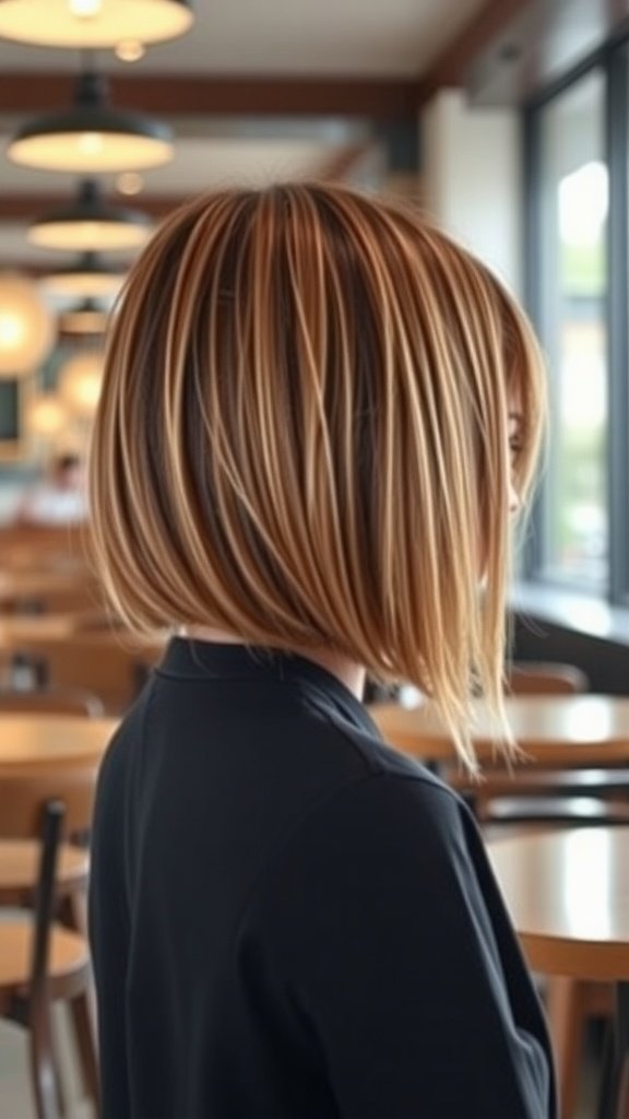 A woman with an inverted long bob hairstyle, showcasing shorter layers at the back and longer strands in the front.