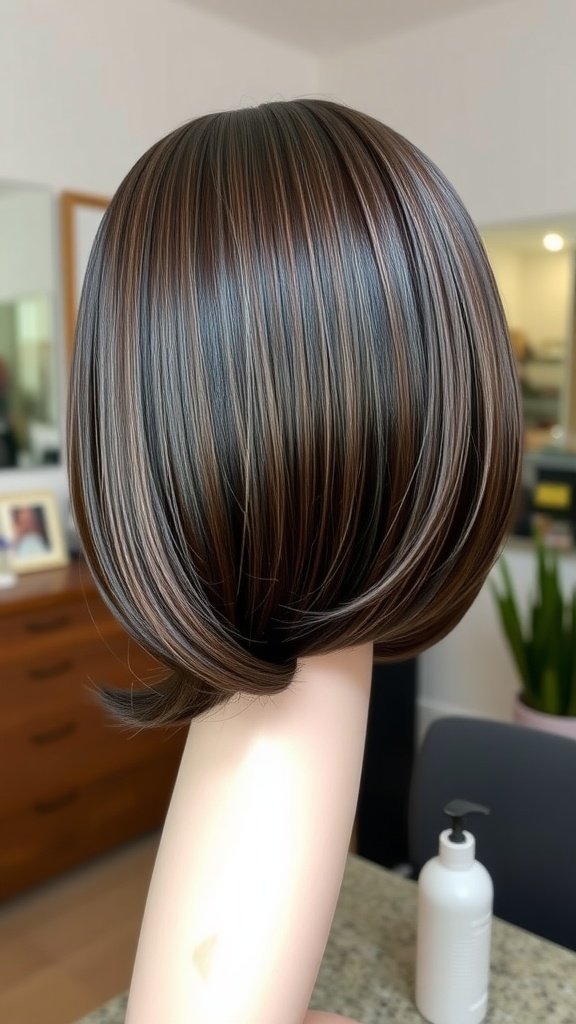 A classic long bob hairstyle with smooth, shiny hair, showcasing a stylish cut.
