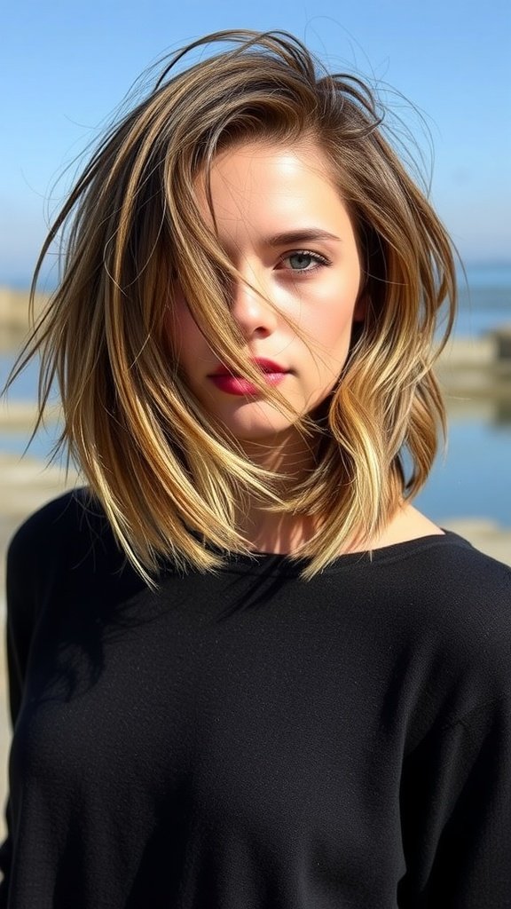 A woman with a textured long bob hairstyle, showcasing waves and layers.