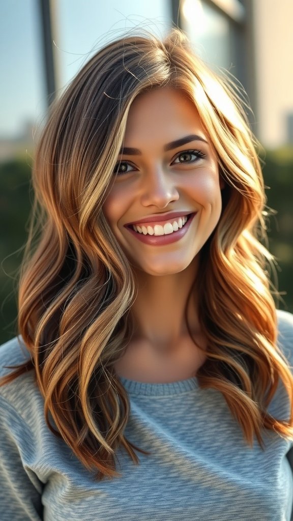 A smiling woman with wavy long bob hairstyle featuring highlights, wearing a casual grey top.