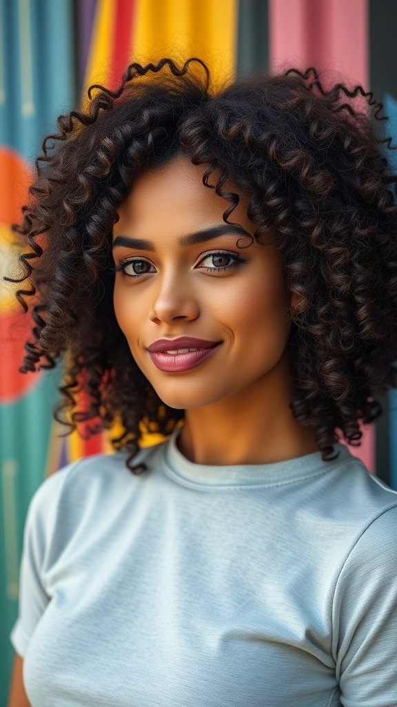 A woman with a curly long bob hairstyle, smiling in front of a colorful background.