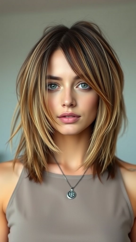 A woman with a choppy long bob hairstyle, featuring uneven layers and textured ends.