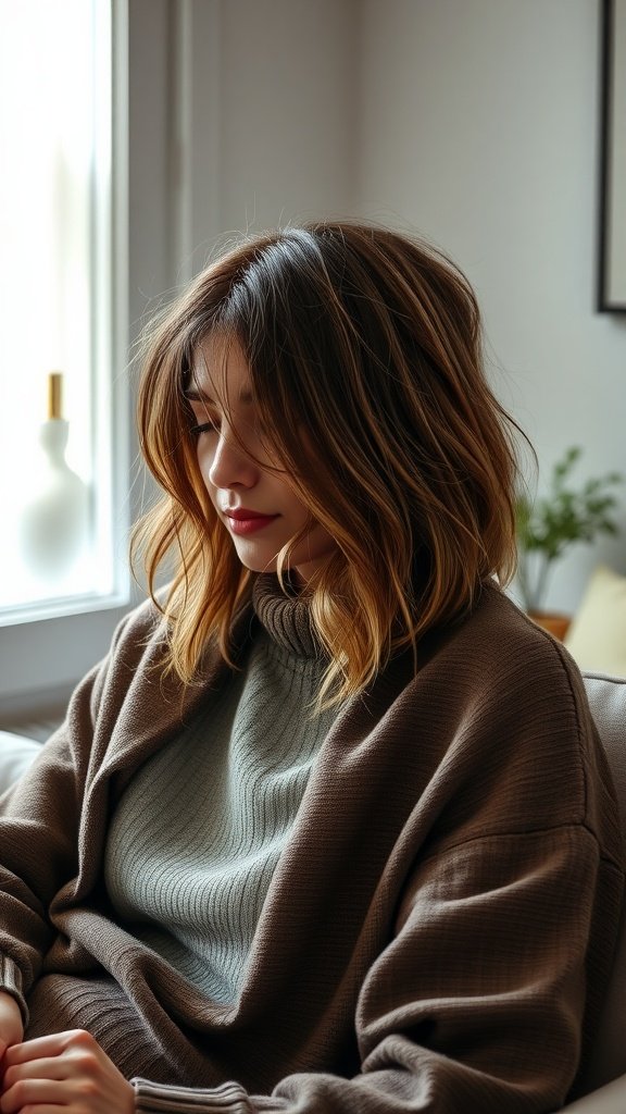 A woman with messy long bob hairstyle, wearing a cozy sweater, sitting by a window.
