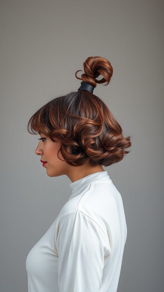 A woman with a curly bob hairstyle styled into a high ponytail.