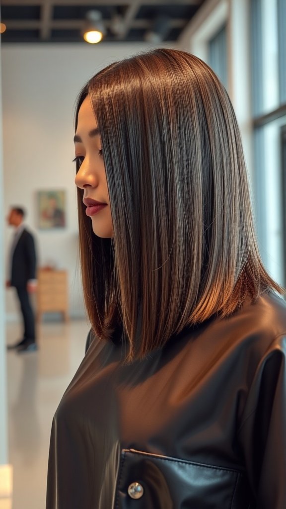 A woman with a sleek long bob hairstyle, showcasing smooth, glossy hair in a contemporary setting.