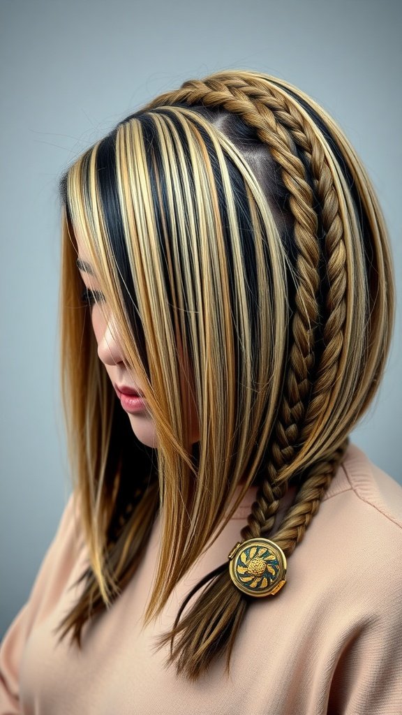 A close-up view of a woman with a braided long bob hairstyle featuring two braids and highlighted hair.