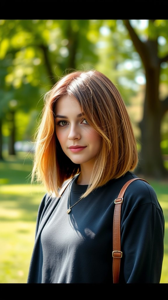 A young woman with a long bob hairstyle featuring an ombre effect, smiling softly in a park setting.