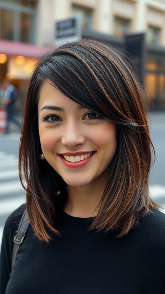 A woman with a long bob hairstyle featuring face-framing layers, smiling in a city setting.