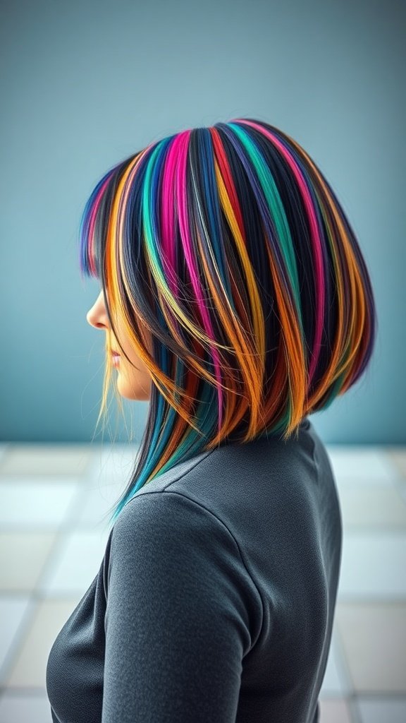 A long bob hairstyle featuring colorful highlights in various shades.