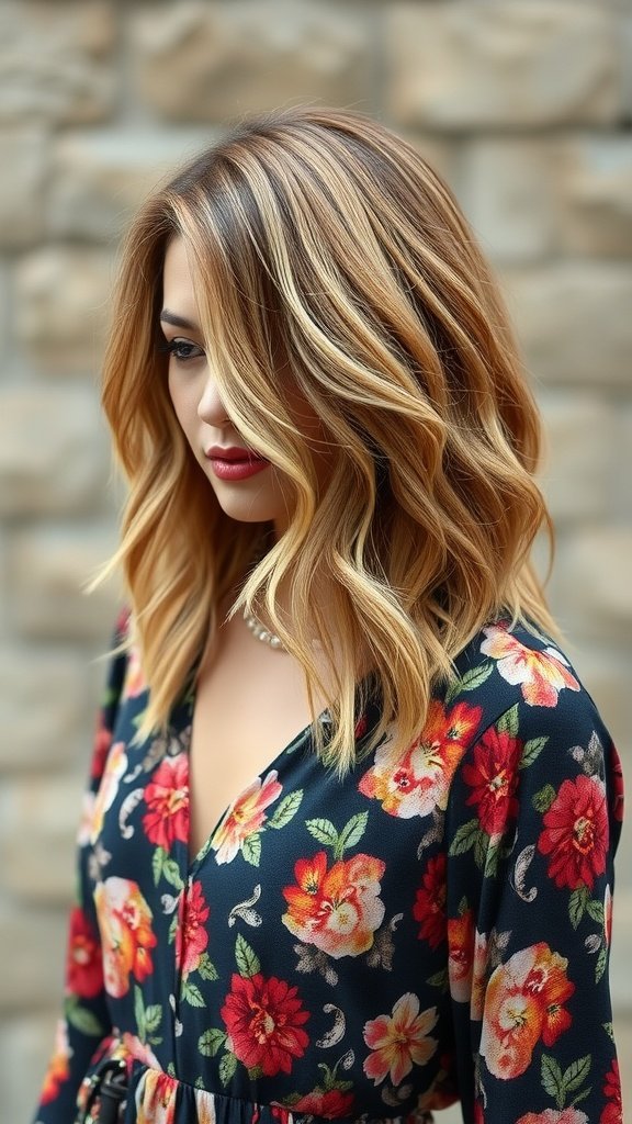 A woman with a bohemian long bob hairstyle, looking stylish in a floral outfit.