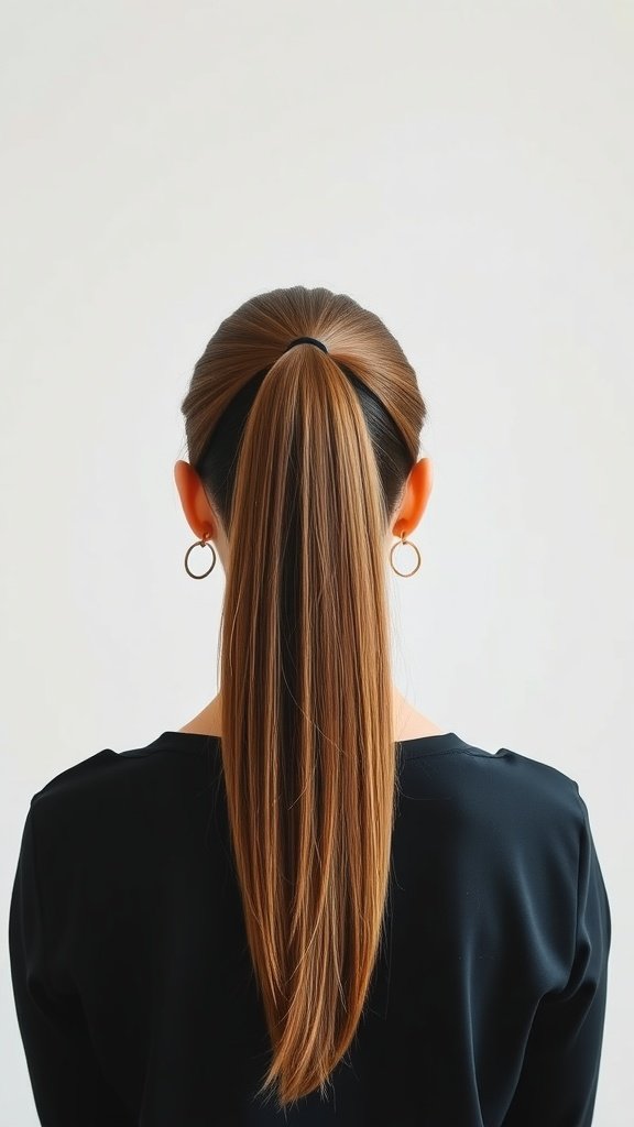 Back view of a woman with long, straight hair styled in a classic high ponytail.
Hairstyles for long hair.