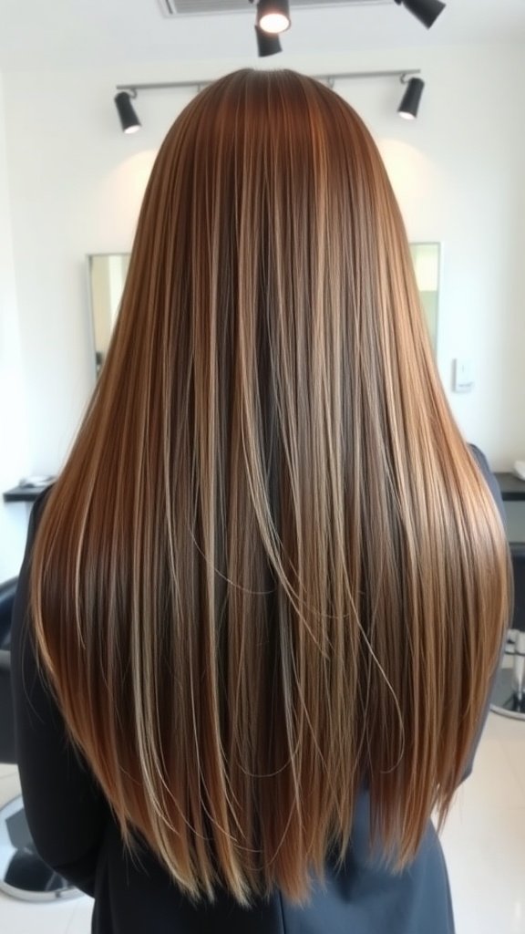 A person showcasing long, sleek straight hair with a glossy finish.